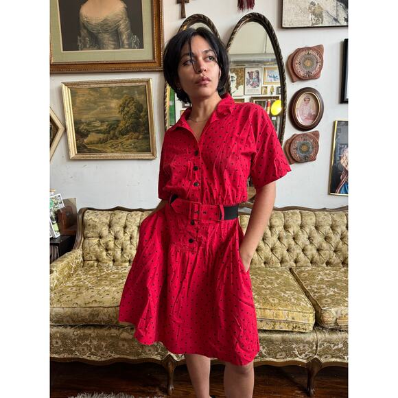 80s Vintage Red and Black Polka Dot Belted Dress Size Small - Picture 1 of 8